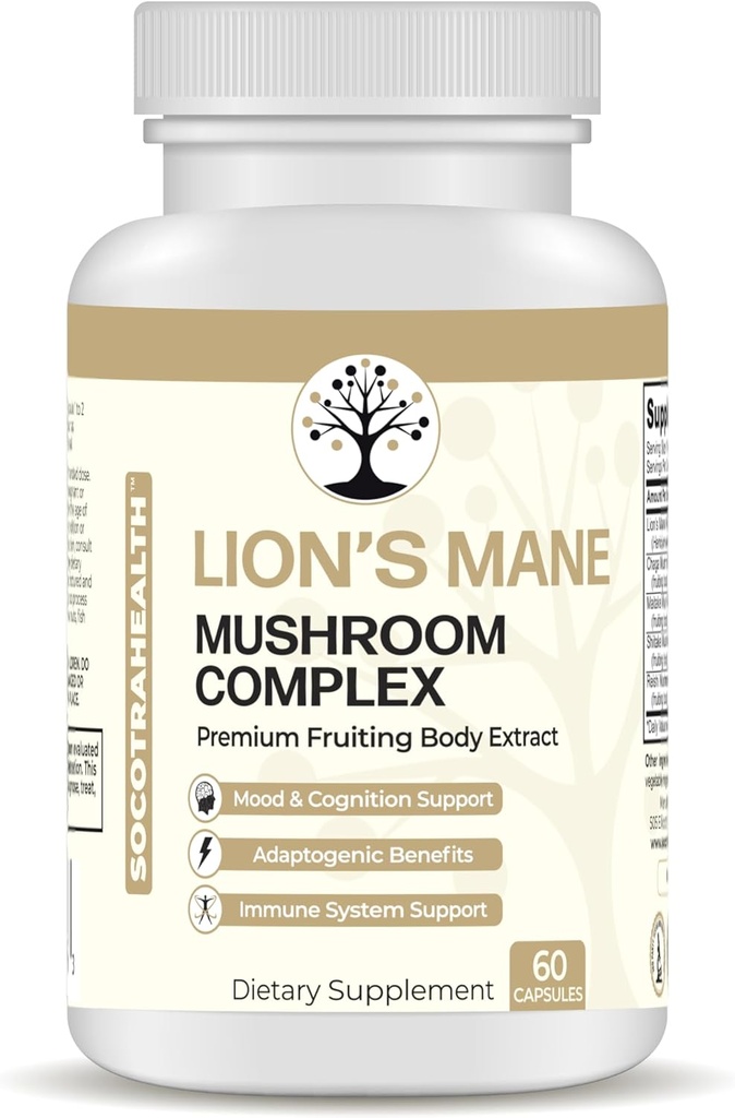 Lions Mane Mushroom Supplement - Premium Fruiting Body Extract - mit Chaga, Maitake, Shiitake, Reishi - Mood, Gehirn und Immununterstützung, Adaptogen - Non-GMO - 60 Vegan Kapseln