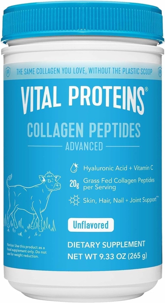 Vitalproteine Gras Fed Collagen Powder Supplement Hydrolysierte Peptide mit Hyaluronsäure und Vitamin C - Non-GMO, Dairy & Gluten Free Unflavored, 9.33oz