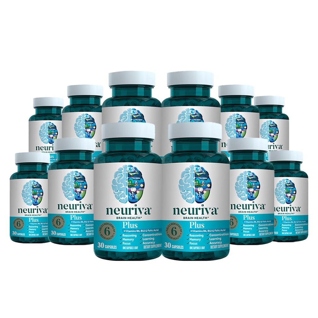 NEURIVA Plus Brain Supplement for Memory, Focus & Concentration + Cognitive Function with Clinically Tested Nootropics Phosphatidylserine and Neurofactor, VIT B6 & B12, 30 Count Capsules (12 Pack)