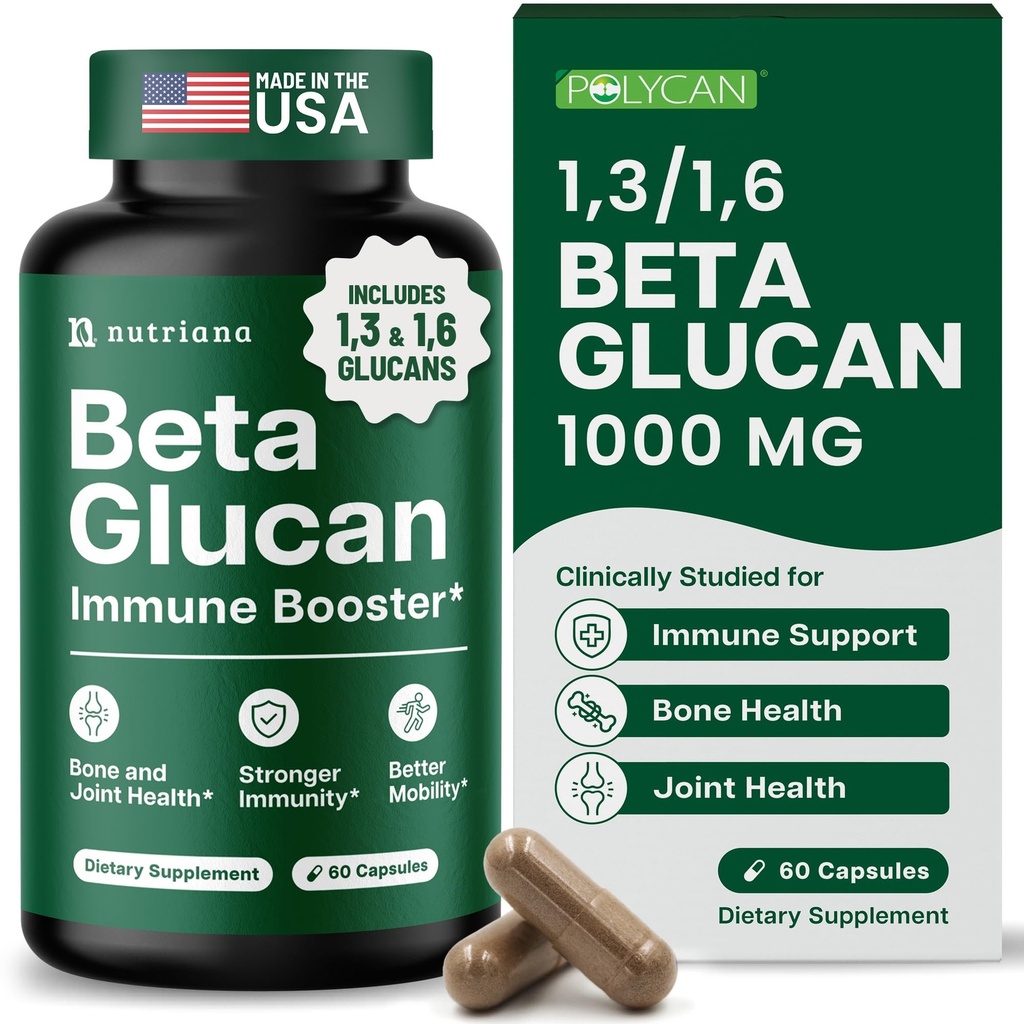 Nutriana Beta Glucan Ergänzungen 1000mg – 1,3/1,6D Beta Glucan Kapseln für Immununterstützung – Natürliche Beta Glucans Faserergänzung – 60 Veggie Kapseln (60 Count, Unflavored)