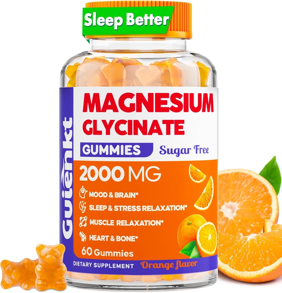 Magnesium Glycinate Gummie 2000 mg, Zucker freie Magnesiumgummis für Erwachsene zum Schlafen, Beruhigen, Entspannen, Pektinbasiert, Orange Flavor, 60 Vegetarische Gummi