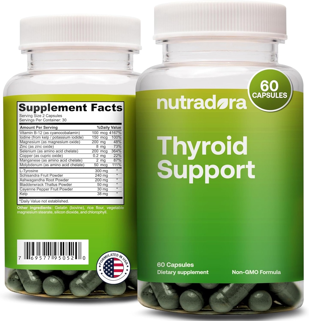Schilddrüsen-Unterstützung für Frauen und Männer - Schilddrüsen-Ergänzung mit Jod, Vitamin B12, Ashwagandha, Selen und Zink-Ergänzungen, GMP zertifiziert, Formuliert in USA, 60 Kapseln (Pack von 1)