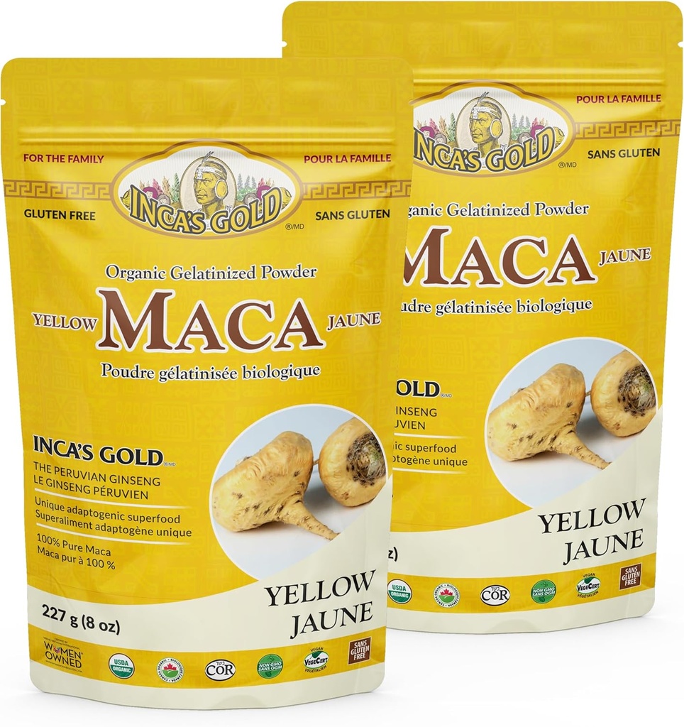 Inca's Gold Organic Yellow Maca Gelatinized Root Powder for Family - Adaptogen unterstützt Körper insgesamt Vitallität, Immunsystem, Gedächtnis und Lernen- 100% reine Maca von Junin Peru- 454g (Pack von 2)
