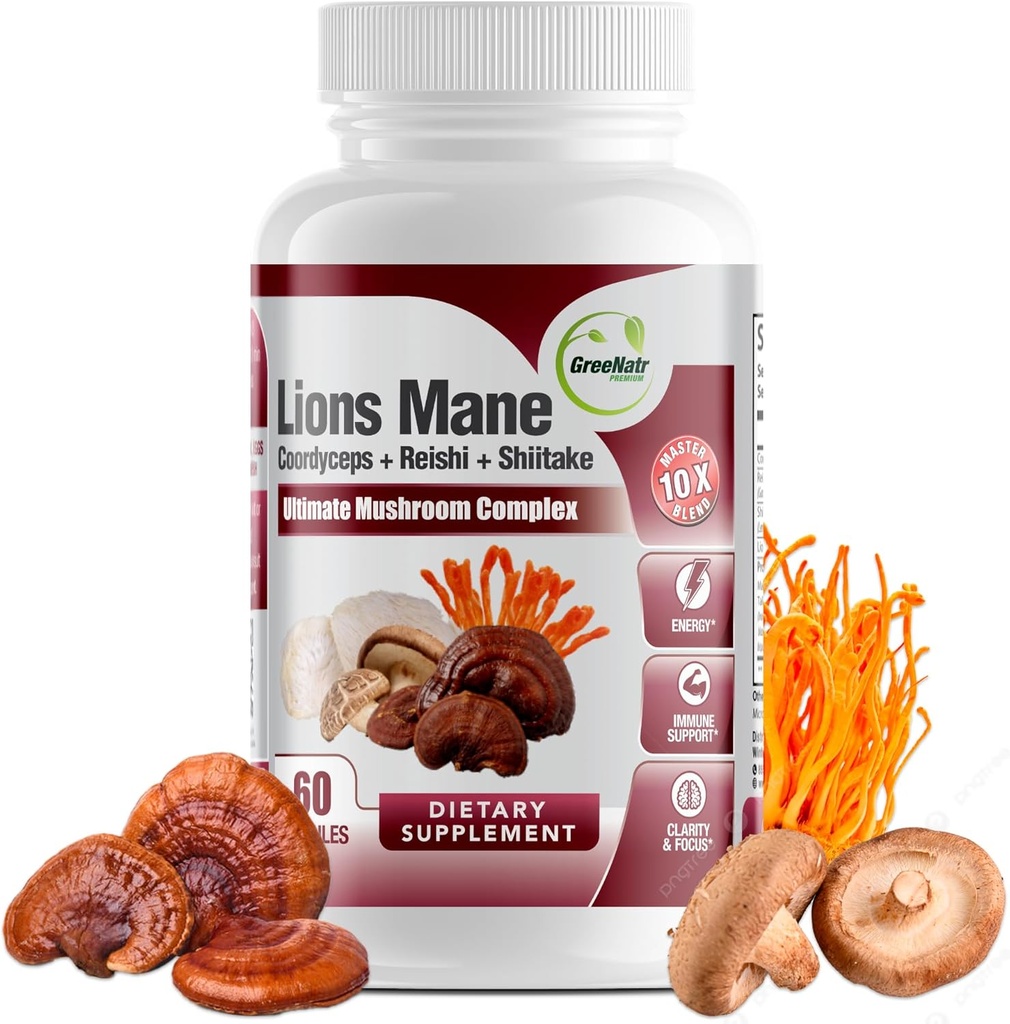 GreeNatr Complete Mushroom Supplement -10 in 1 Komplex mit Lions Mane, Cordyceps, Shiitake, Chaga, Türkei-Tail für Immununterstützung, Memory, Focus & Natural Energy Booster - 60 Kapseln (1 Flasche)
