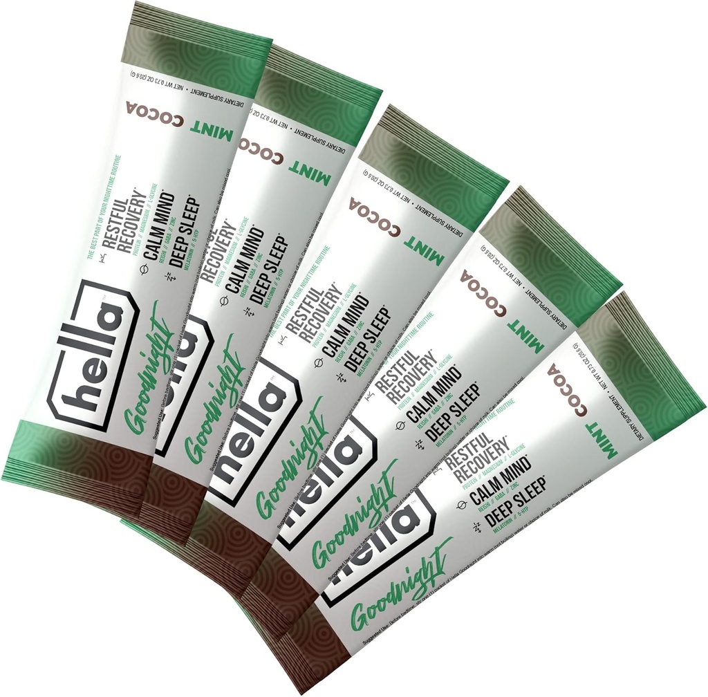 Hella Goodnight- Restful Recovery, Melatonin Sleep Drink Mix mit Magnesium, 5-HTP, Reishi, GABA und Zink, unterstützt Nacht-Entspannung, Einschlafen & Bleiben schlafen, Mint Cocoa
