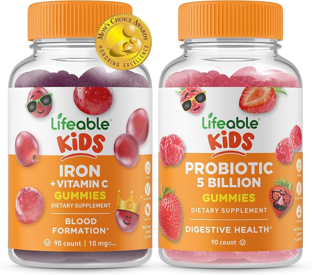 Lifeable Iron & Vitamin C Kids + Probiotics 5 Billion Kids, Gummis Bundle - Große Verkostung, Vitamin Supplement, Glutenfrei, GMO frei, Kaugummi