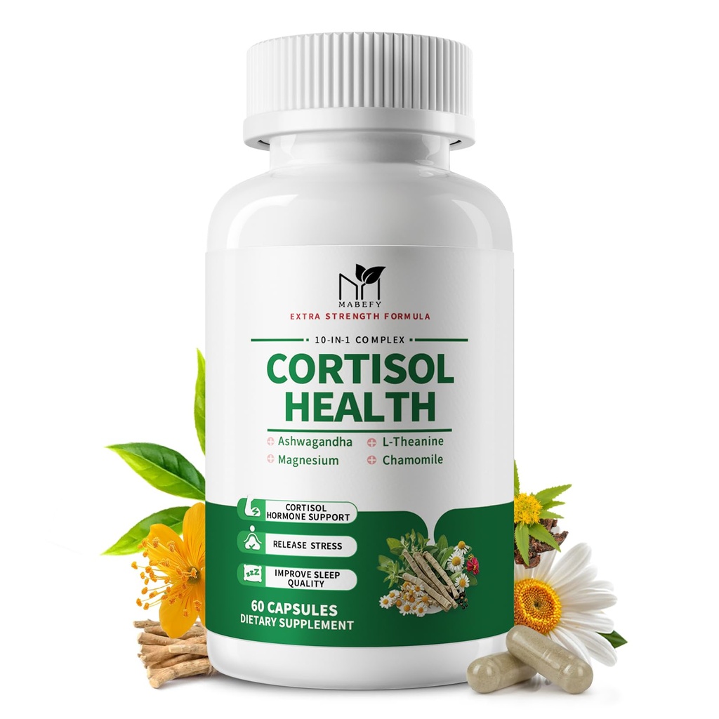 Cortisol Ergänzungen für Damen/Men - 10 in 1 Cortisol Manager Reducer Lower Detox Balance mit Magnesium, Ashwagandha, L-Theanin für Stress, Schlaf, Ruhe, Mood Unterstützung - 60 Kapseln für 30 Tage