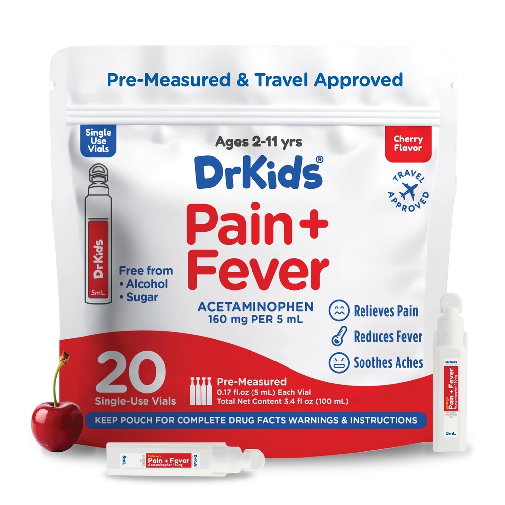 Dr. Kinder Schmerz- und Fevermedizin - Acetaminophen für Kinder Alter 2-11, Pre-Measured Single-Use Vials for Headache, Sore Throat, Cold and Flu, Cherry Flavor, 20 Count (Pack von 1)
