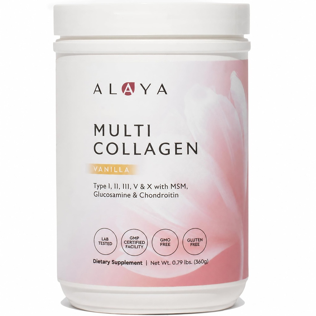 Alaya Multi Collagen Powder - Typ I, II, III, V, X Hydrolysierte Collagen Peptides Protein Powder Supplement mit MSM + GC (Vanilla)