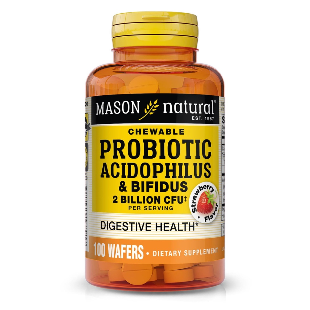MASON NATURAL Probiotic Acidophilus mit Bifidus, 50-Tage-Versorgung, Unterstützt gesunde normale Verdauung, Erdbeer-Flaschen, 100 Kaubare Wafer