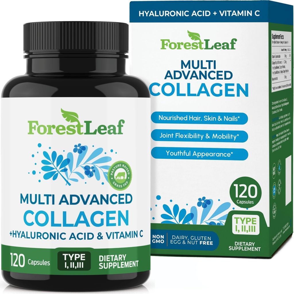 ForestLeaf Multi Collagen Pillen mit Hyaluronsäure + Vitamin C | Hydrolysierte Collagen Ergänzungen für Frauen oder Männer | Multi Collagen Kapseln Peptide für Haut, Falten, 120 Caps