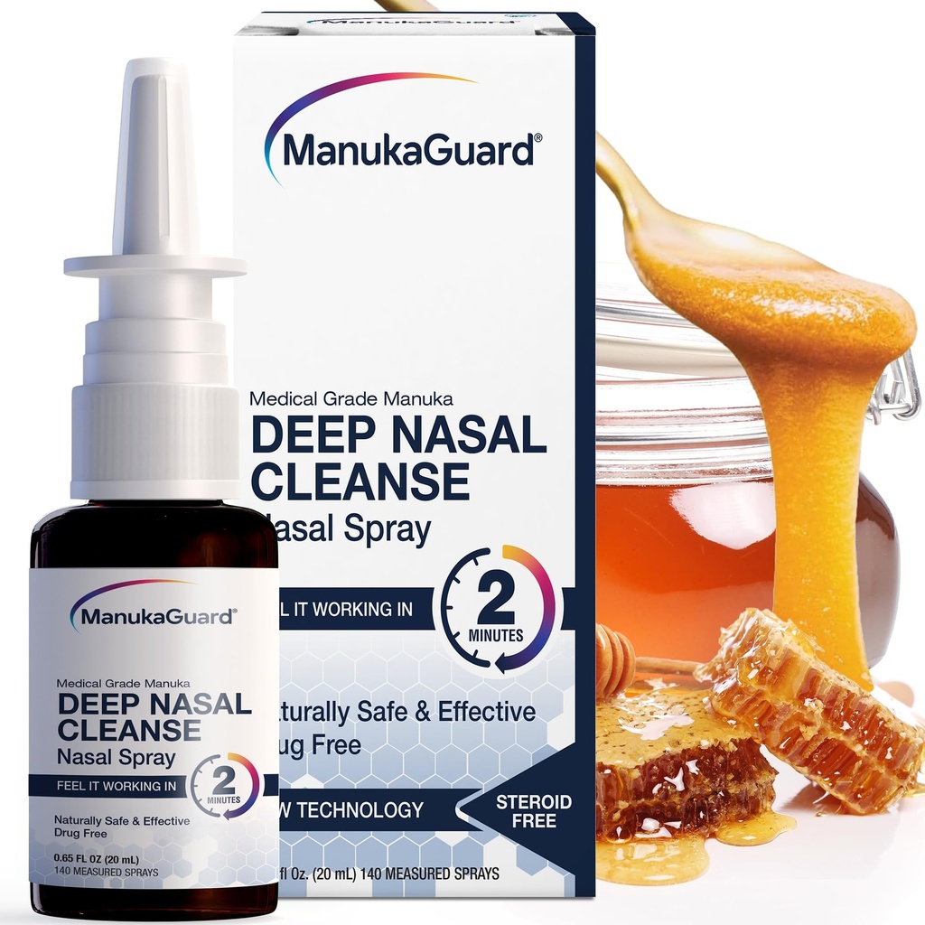 ManukaGuard Medical Grade Manuka Honey Natural Nasal Spray with Saline Solution for Congestion Support, Sinus and Allergy Relief, Nasal Moisturizing, New Zealand Honey, MGO 600, 0.65 fl oz Bottle