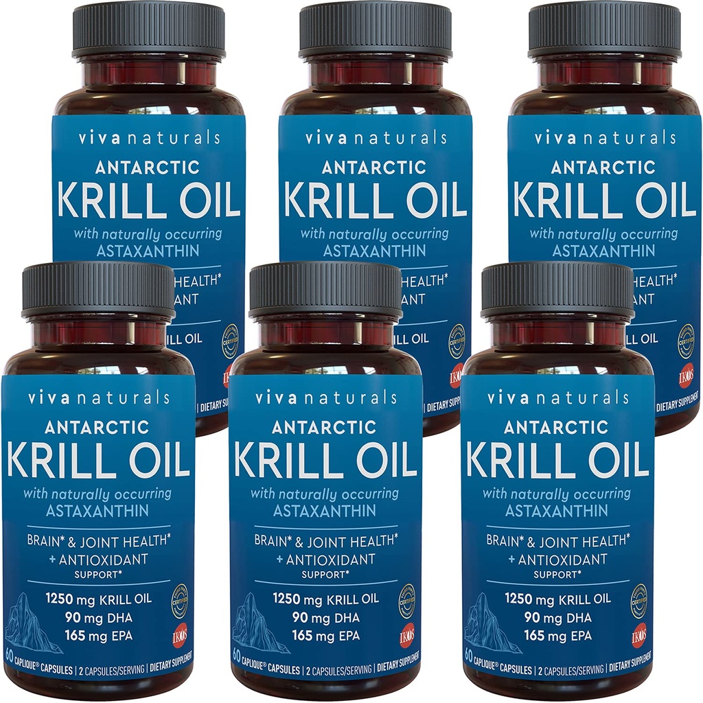 Viva Naturals Antarctic Krill Oil 1250 mg, Omega 3 EPA DHA und Astaxanthin, Joint Support und Brain Supplement mit Antioxidantien Eigenschaften, kein Fishy Nachgeschmack (Pack von 6)