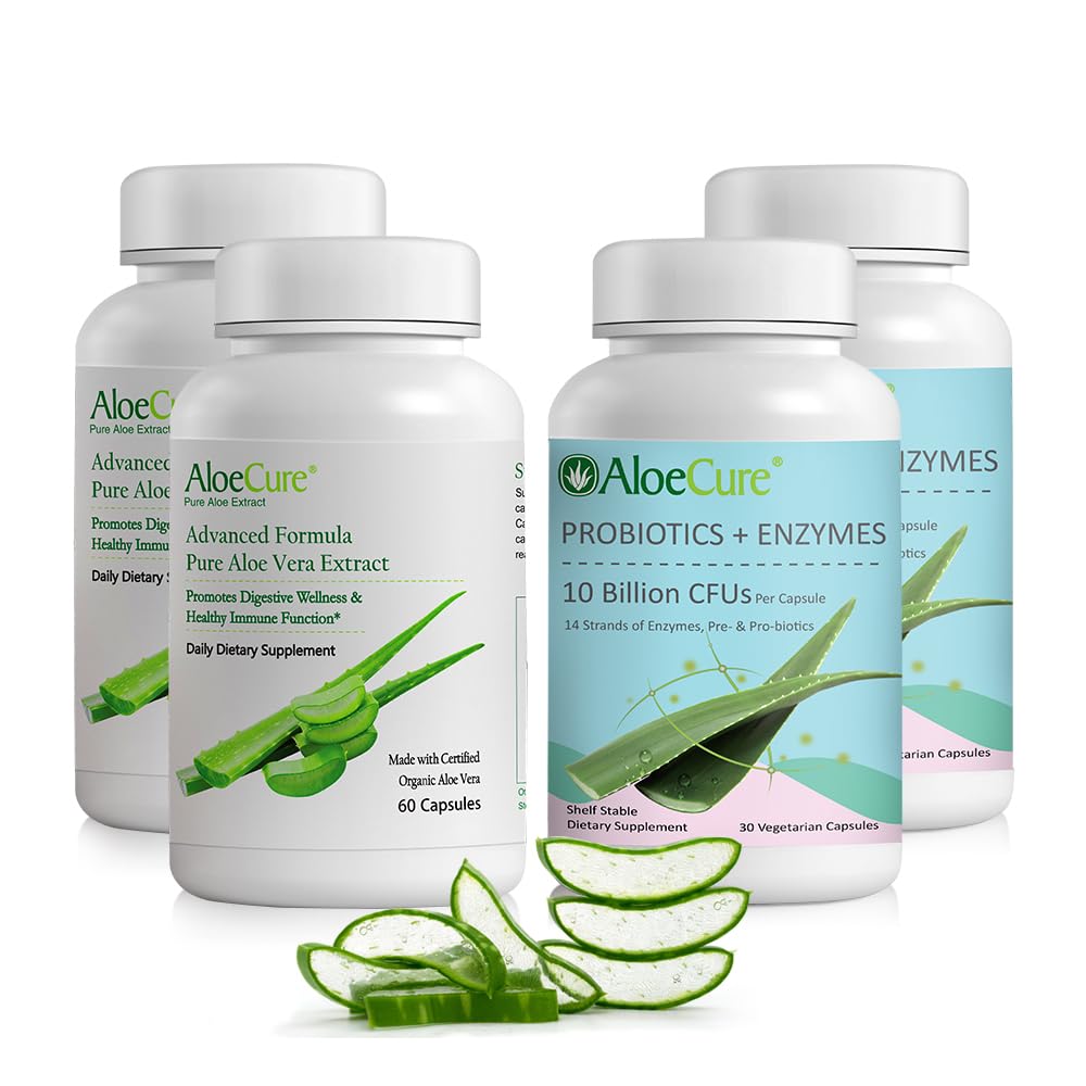 AloeCure Organic Aloe Vera Capsules Pack - 4 Stück - 2 x Aloe Vera Kapseln, 2 x Probiotics + Enzyme