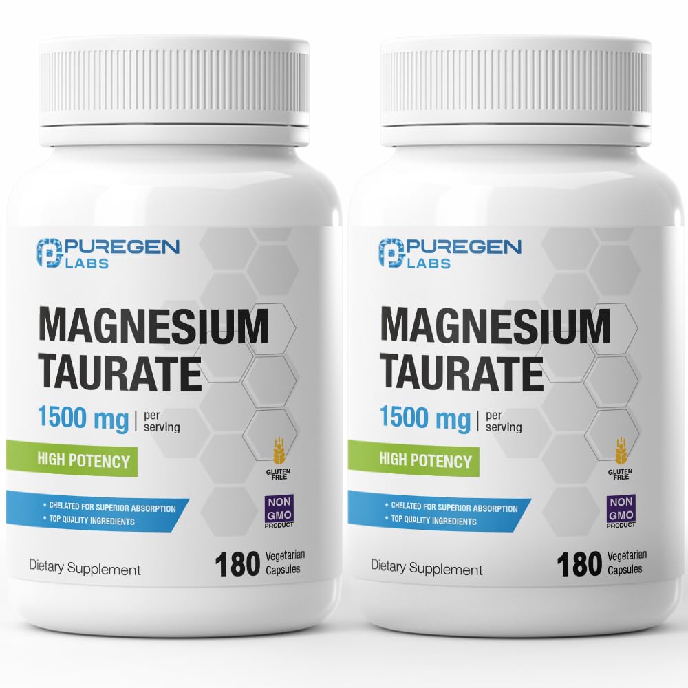 Puregen Labs Magnesium Taurate 1500mg pro Servieren [High Potency] Insgesamt 360 Veggie Caps, Chelat for Superior Absorption, Non-GMO, NO Gluten und Dairy | Made in USA