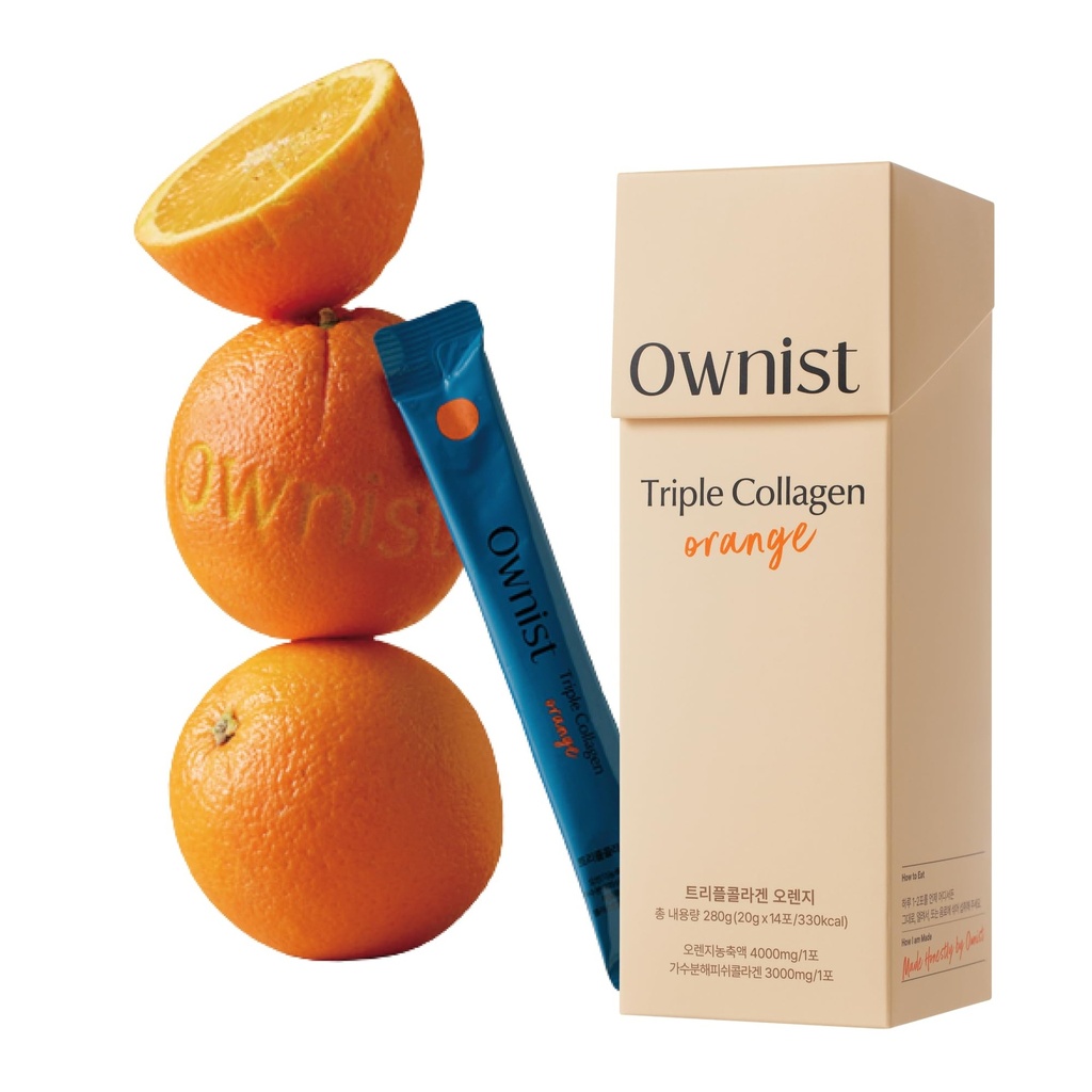 Ownist Triple Collagen Liquid Packets On-The-Go - Peptide mit hydrolysiertem Marine Collagen, Elastin, Hyaluronsäure und Vitamin für gesunde Haut - Orange Flavor - 14 individuelle Stick Packs