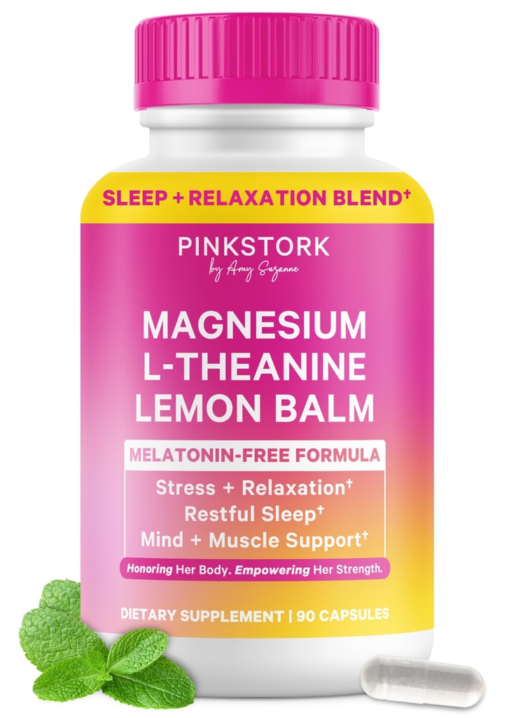 Pink Stork Magnesium Glycinate, L-Theanin, Zitronenbalsam - Melatonin-freies Magnesium für Schlafunterstützung - Natürliche Beruhigung und Entspannung - 90 Kapseln