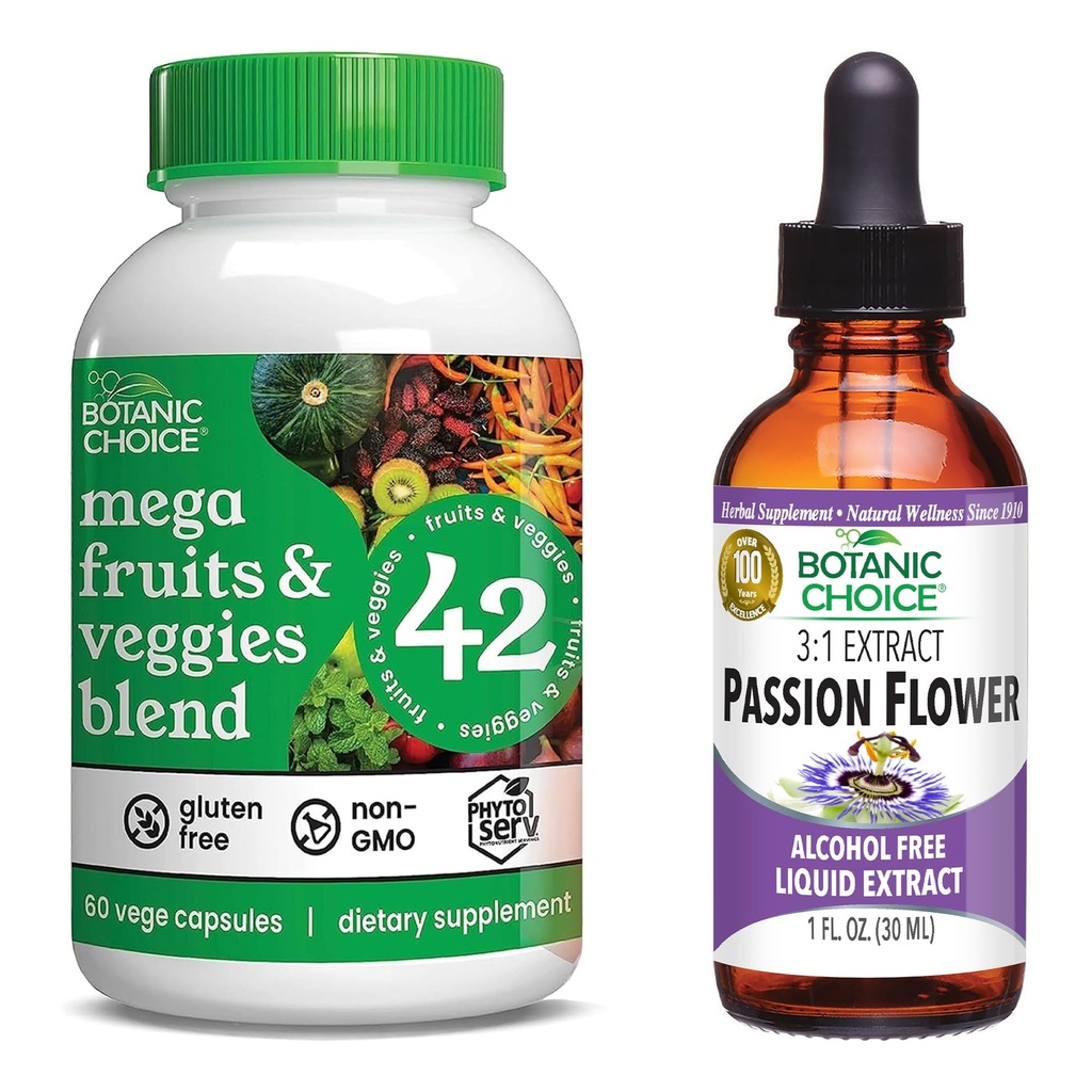 Botanische Wahl Mega Fruits and Veggies Blend (60 Kapseln) + Passion Flower Extract (1 fl oz) Bundle - Energy Balance & Superfood Supplement + Relaxation Support