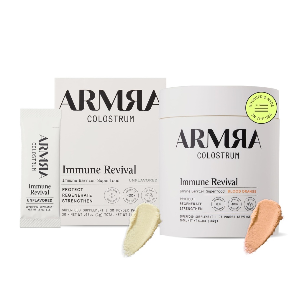 ARMRA ColostrumTM Premium Powder, Gras Fed, Gut Health Bloating Immunität Haut & Haar, Enthält 400+ Bioactive Nährstoffe, Potent Bioverfügbar, Keto, Gluten & Fat Free (Unflavored 30|Blood Orange 90)