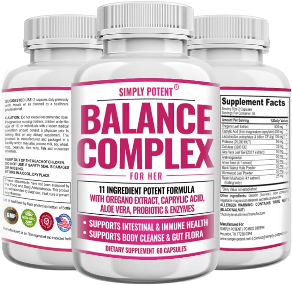 Balance Complex für Frauen, Candida Cleanse & Vaginal Health Nahrungsergänzung, Natürliche Formel mit Oregano, Caprylic Acid, Aloe, Probiotics & Enzyme für Gut & Immune Health Support, 60 Kapseln