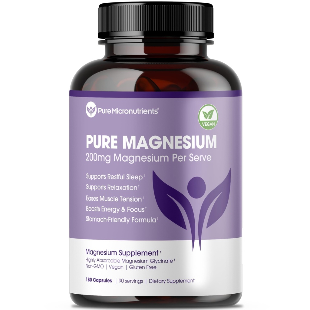 Pure Magnesium Glycinate Supplement – Highly Absorbable Chelated Magnesium to Support Sleep, Muscle & Nerve Health, Energy, Relaxation & Bone Health – 200mg Per Serving, 180 Capsules
