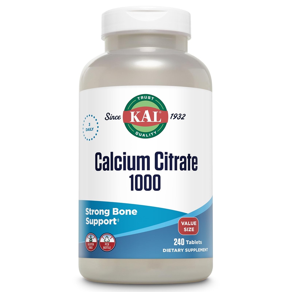 KAL Calcium Citrate 1000mg, Kalziumergänzungsmittel für Frauen und Männer, Knochengesundheit, Zähne, Nervös, Muskel- & Herz-Kreislauf-System-Unterstützung, Glutenfrei und Lab Verifiziert, 80 Servierungen, 240 Tabletten