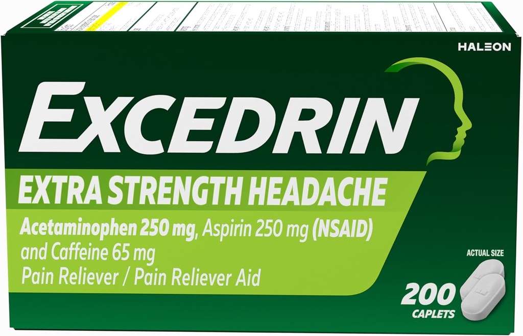 Excedrin Extra Strength Pain Relief Caplets für Kopfschmerzen Relief, Acetaminophen 250mg, Aspirin 250mg, Koffein 65mg, Schmerzrelief, 200 Count