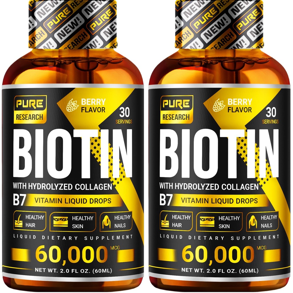 PURE FORSEARCH Biotin & Collagen 60.000mcg Haarwachstum Flüssigkeitstropfen, Unterstützt: Starke Nägel, Glowing Haut, Gesundes Haarwachstum, Mehr Absorption als Kapseln & Pillen (4Fl Oz)