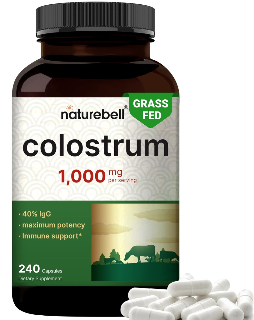 NatureBell Bovine Colostrum Supplement 1000mg pro Servierung, 240 Kapseln | 40% IgG Colostrum Powder für Gut Health, Bloating, Haut, Haar- und Immununterstützung – Non-GMO
