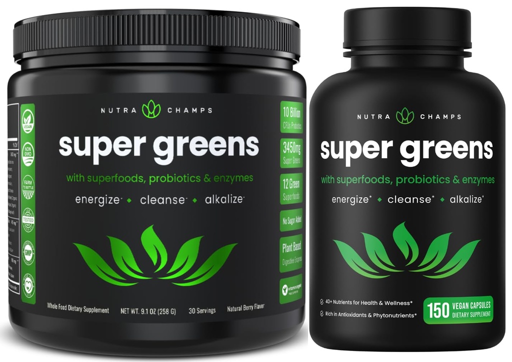 NutraChamps Super Greens Pulver & Super Greens Kapseln