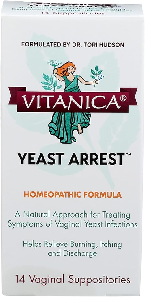 Vitanica Hefe Arrest, Homöopathische Vaginal Suppositorien, für Hefe Infektionssymptome, lindert Burning, Itching & Discharge, mit Borsäure, Tea Tree Oil & Probiotics, Vegan (Yeast Arrest, 14)