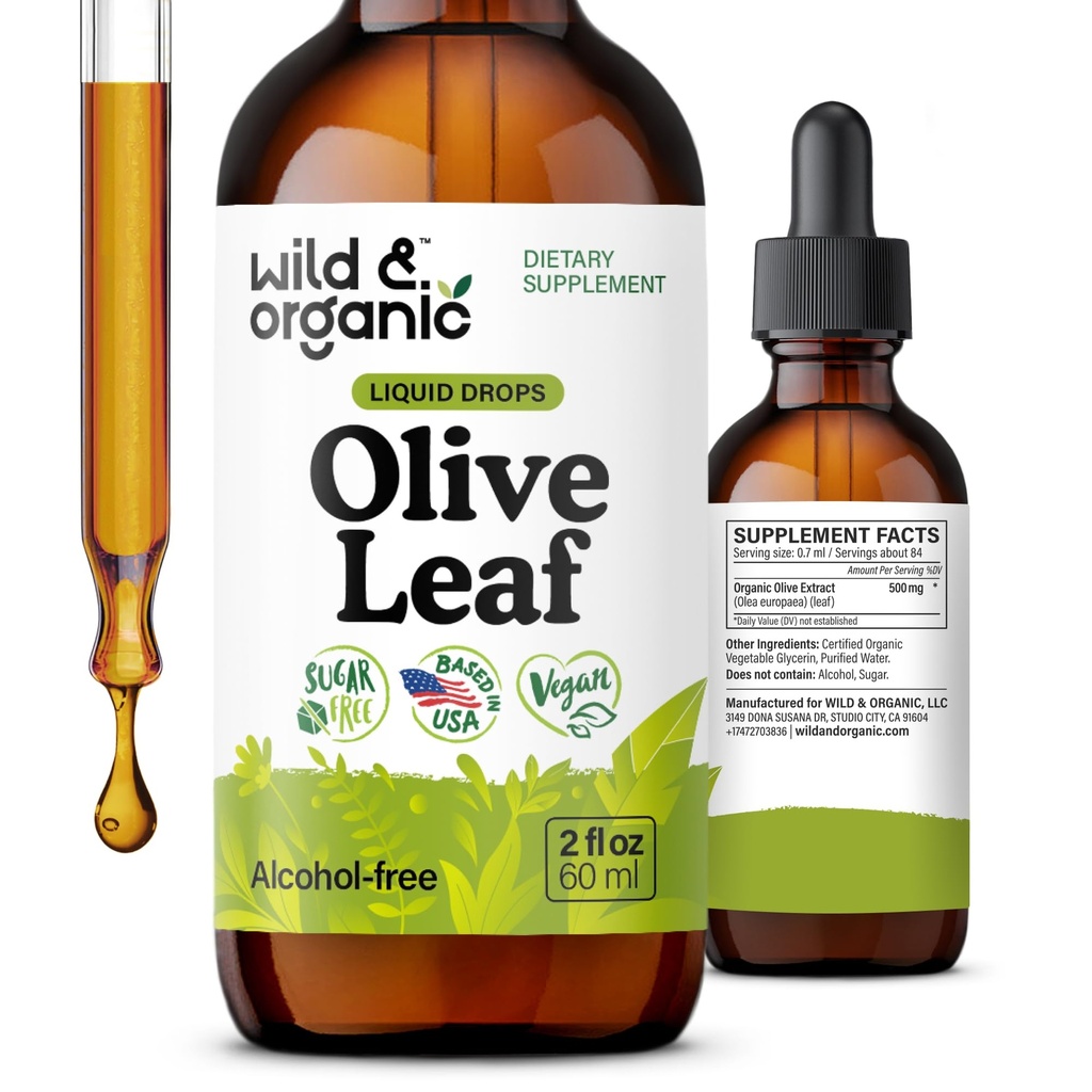 Wild & Organic Olive Leaf Extract Liquid Drops - Antioxidant & Immune Support - Oleuropein Olive Leaf Supplement - Vegan, Zucker & Alkoholfreie Tropfen - 2 fl oz
