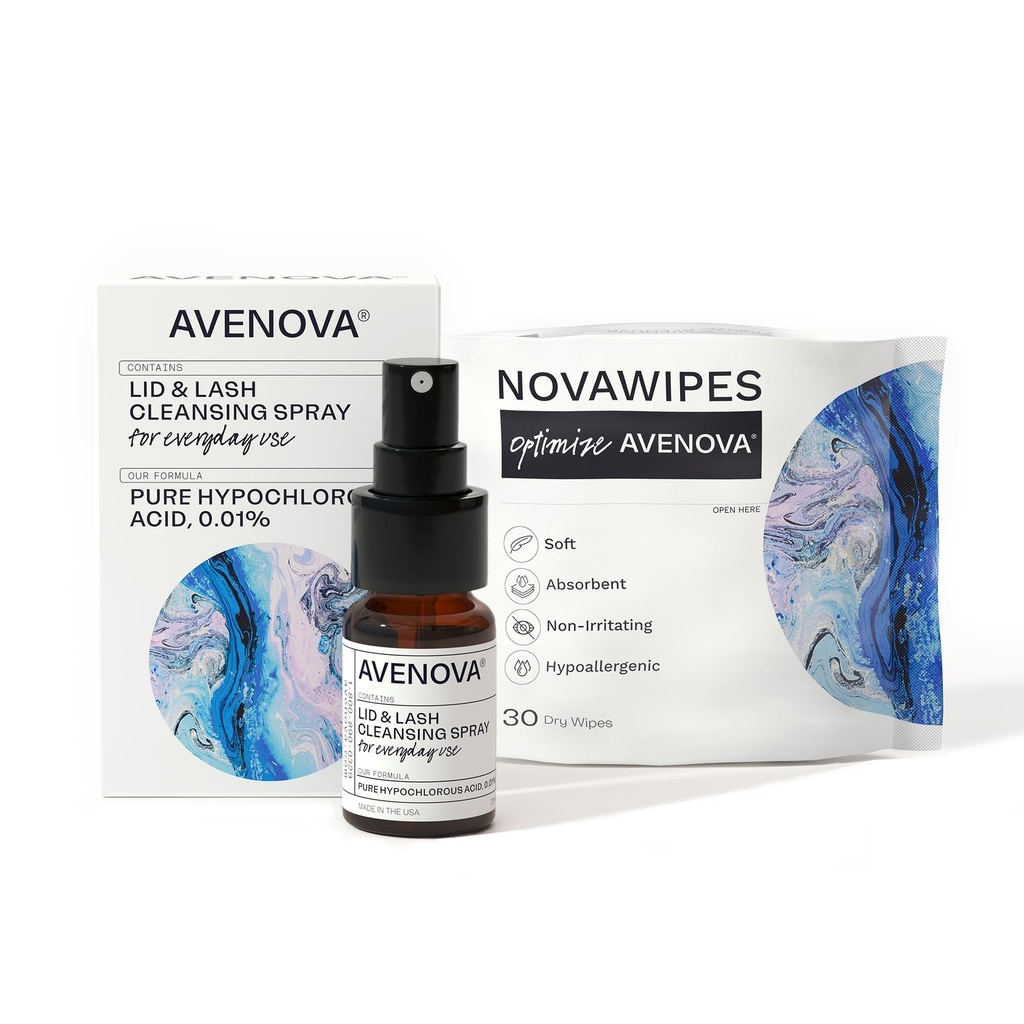 Avenova Augenlid und Wimpernreiniger Spray mit 30 trockenen Wischen - Gentle Everyday Hypochlorous Säure Lid und Lash Reinigungsspray für klarere und gesündere Augen, 20mL