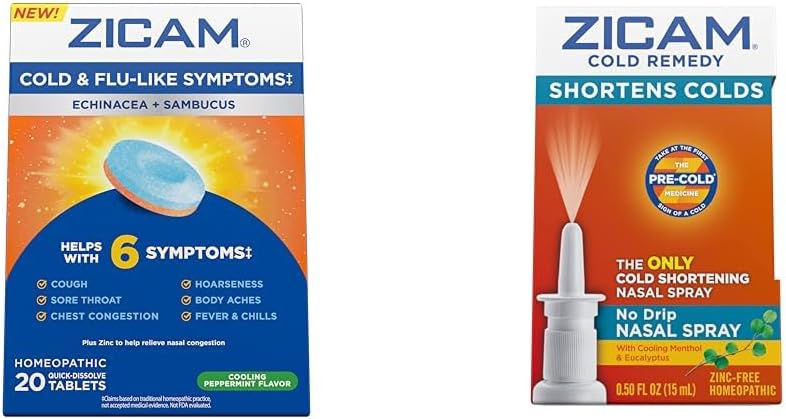 Zicam Cold & Flu Symptoms 20 Tablets and No-Drip Nasal Spray Cold Remedy 0.5 Ounce
