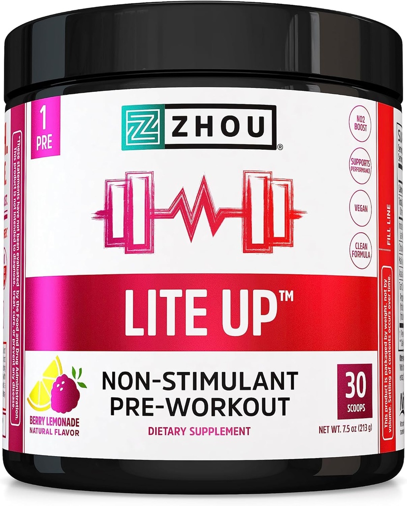 Zhou Lite Up - Non Stim Powder, Nitric Oxide Stim Kostenlose Ergänzung für Männer und Frauen, Koffein freien Boost, Clean Formula - Berry Lemonade Flavor, 7,5 oz Jar (30 Scoops)
