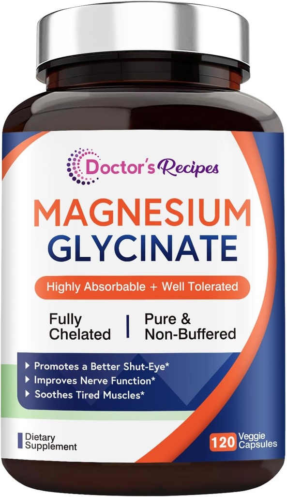 Arzt Rezepte Magnesium Glycinat, Chelat & Non Buffered, Highly Absorbable, für Kinder & Erwachsene, für Entspannung & Schlaf, Non GMO, 120 Vegan Caps
