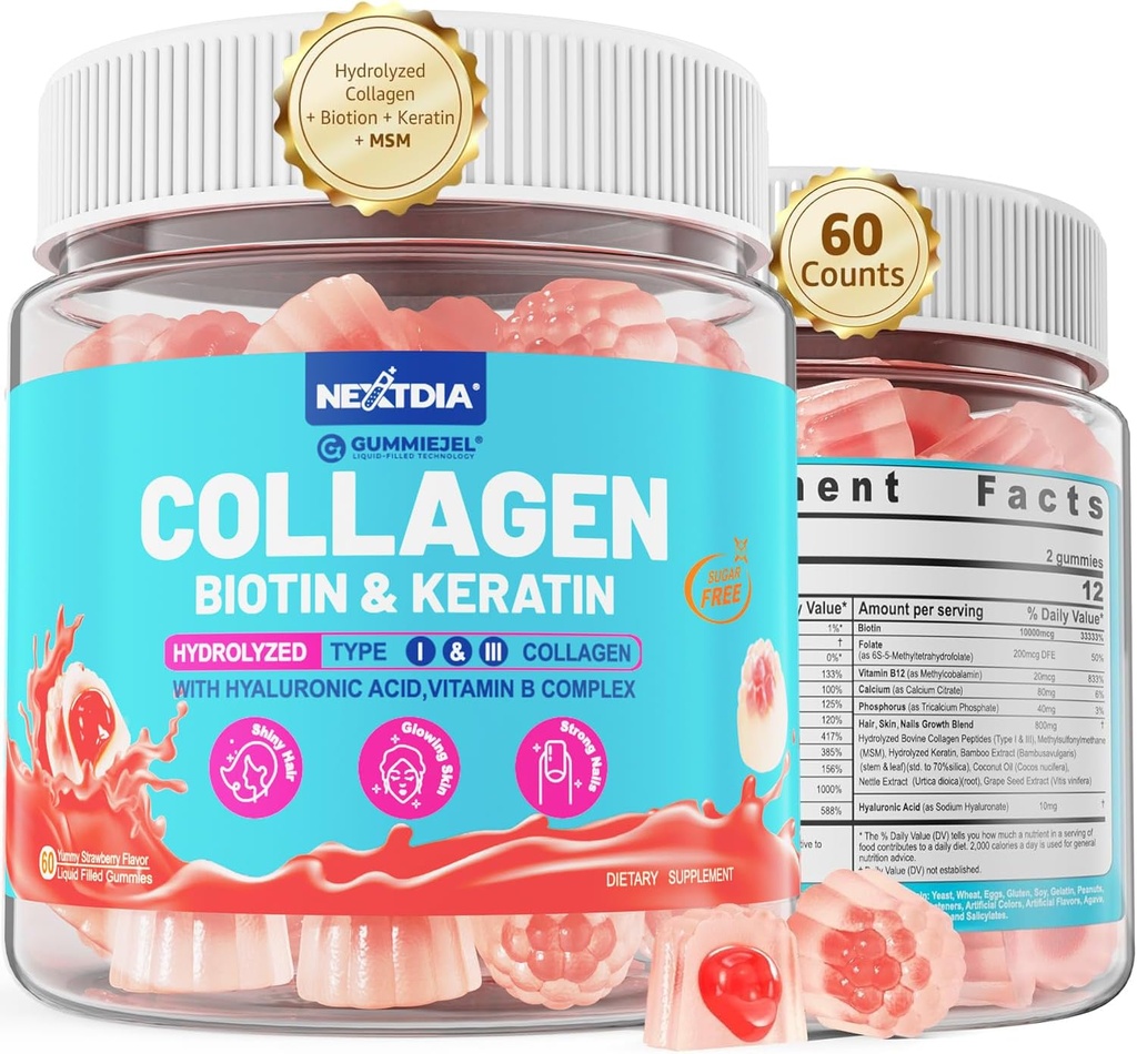 Multi Collagen Gefüllte Gummi für Frauen Zucker Free Biotin 10000mcg, Multivitamin Haar Haut und Nägel Vitamine für Haarwachstum, mit hydrolysiertem Collagen Peptide Keratin Hyaluronsäure MSM Vitamin B