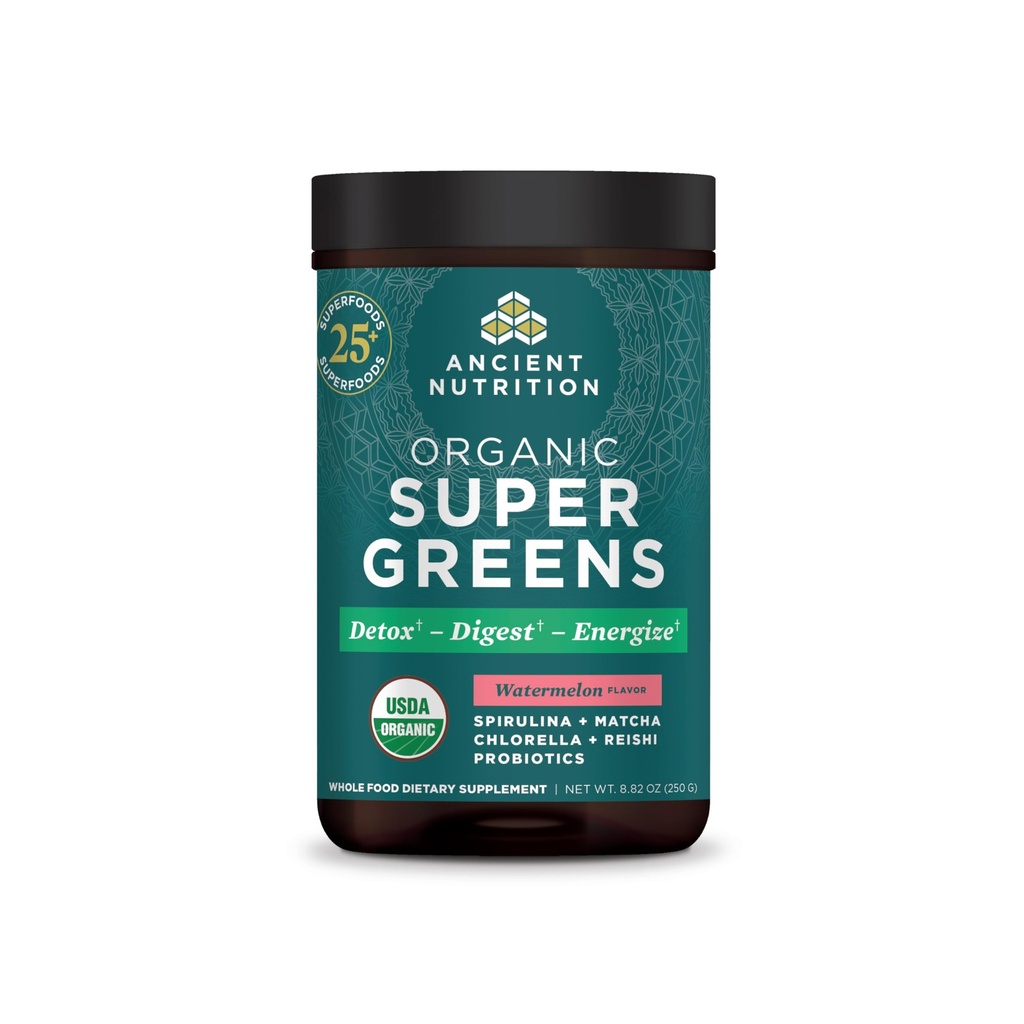 Antike Ernährung SuperGreens Pulver mit Probiotika, Organische Wassermelone Flavor Greens, Hergestellt aus echten Früchten, Gemüse und Kräutern, für Verdauungs- und Energieunterstützung, 25 Servietten, 8.82oz