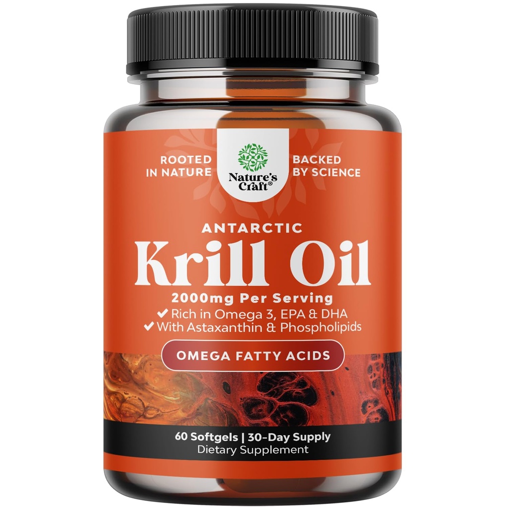 Antarktis Krillöl 2000mg Softgel pro Servierung - Omega 3 Krill Ölergänzung mit EPA DHA & Astaxanthin (60 Count (Pack 1)