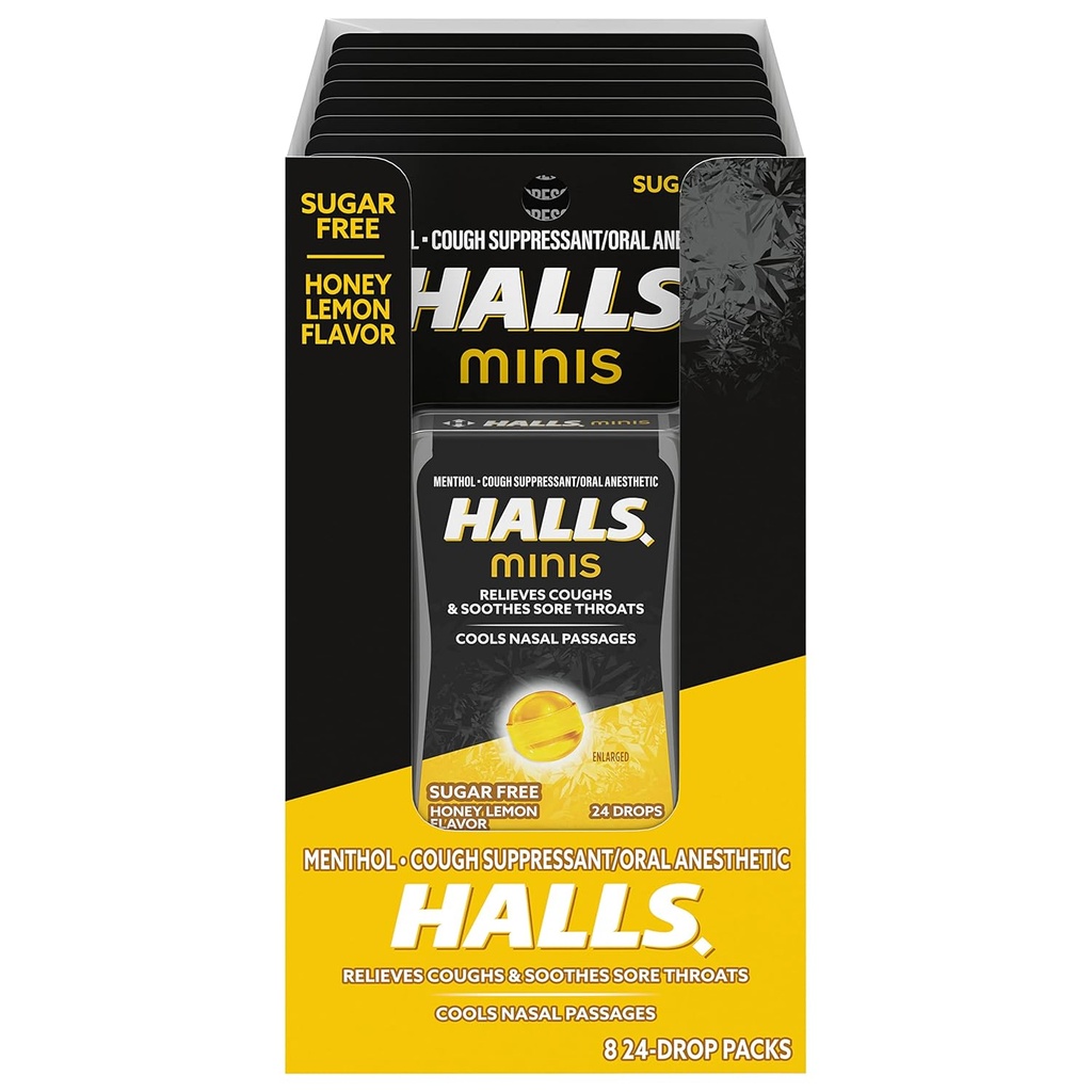 HALLS Minis Honey Lemon Flavor Sugar Free Cough Drops, 8 Packs of 24 Drops (192 Drops Total)
