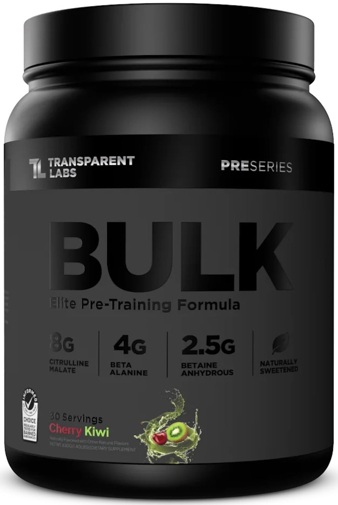 Transparent Labs Bulk Black Pre Workout - Klinisch dosiert, Sugar Free Preworkout für Männer und Frauen mit Beta Alanine Powder, Citrulline Malate, & Koffein - 30 Servierungen, Kirsche Kiwi