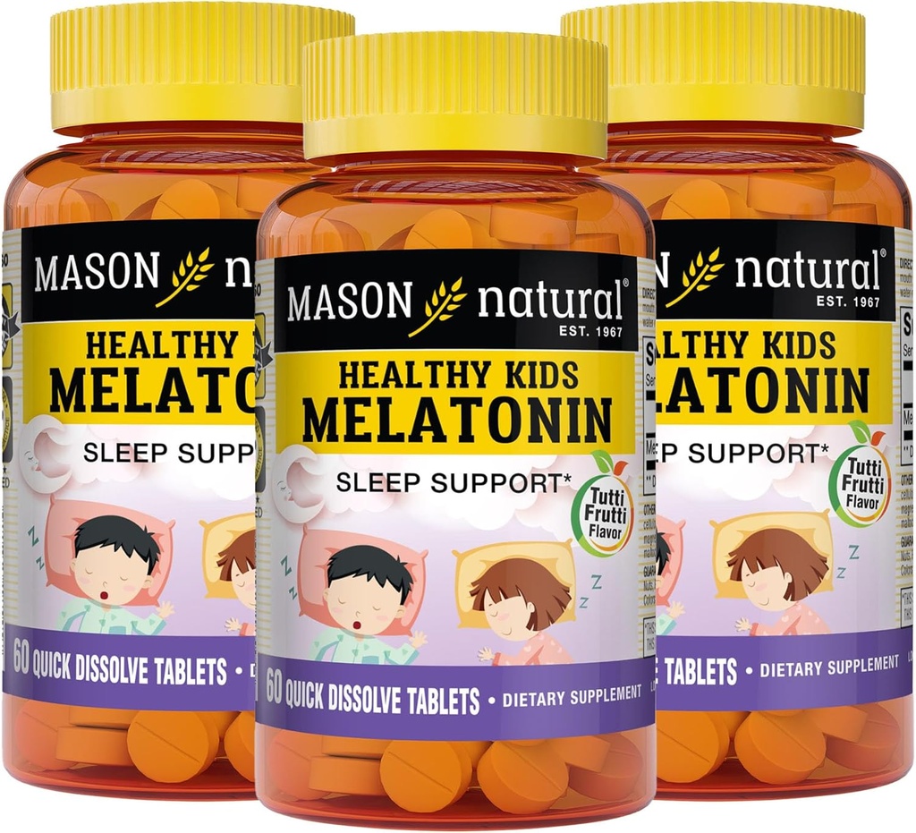 MASON NATURAL Gesunde Kinder Melatonin, für Kinder, Unterstützt einen gesunden Schlaf, schnelles Handeln, Obst gefickt, 60 Schnellauflösen Tabletten (Pack von 3)