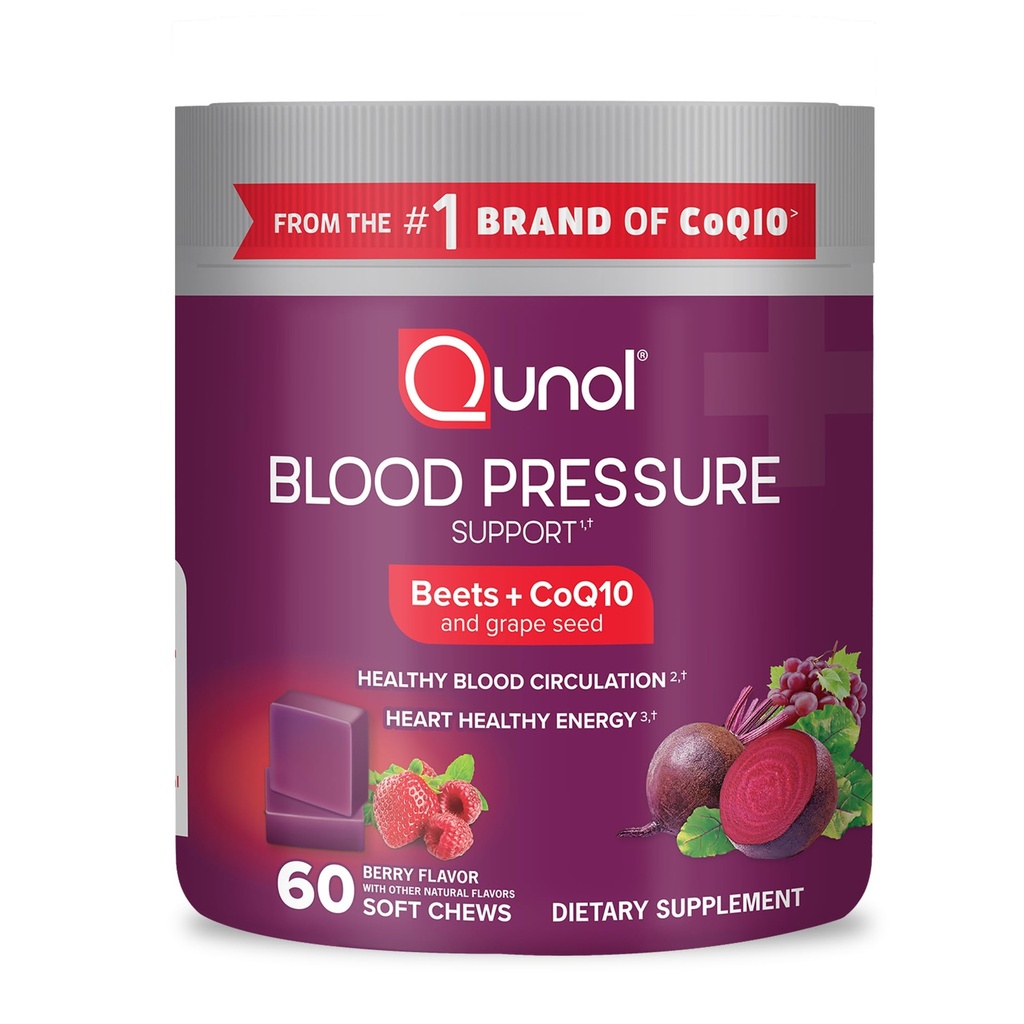Qunol Beets Chews für Blutdruckunterstützung, 3 in 1 Beets + CoQ10 + Grape Seed Extract, Unterstützt gesunde Blutzirkulation & Herz Gesunde Energie, 60 Chews