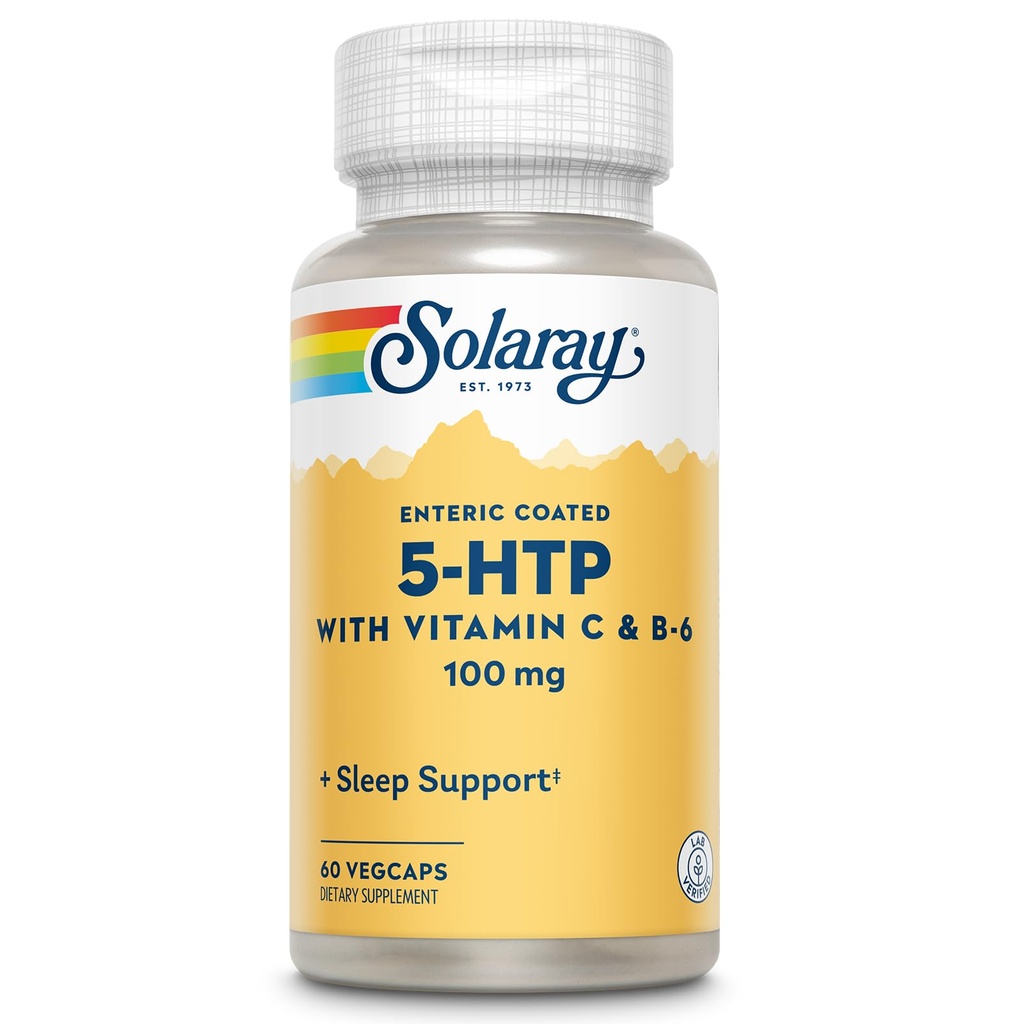 SOLARAY 5 HTP-Ergänzung mit Vitamin C & B-6 - Schlafzusatz und Serotonin-Synthese-Unterstützung - Lab Verified, 60-Day Geld-Back-Garantie - 60 Servietten, 60 Enteric Coated VegCaps