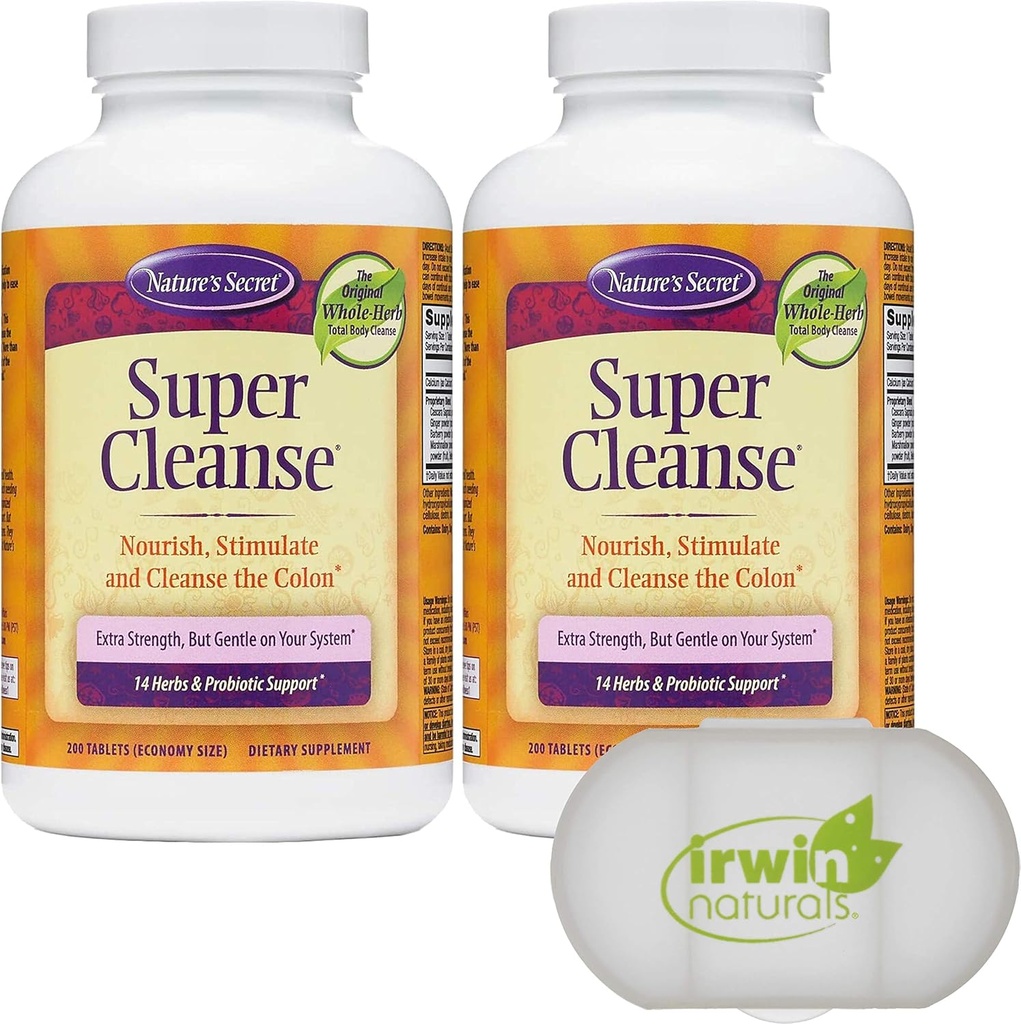 Nature's Secret Super Cleanse Extra Strength Toxin Detox & Gentle Elimination Total Body Cleanse, Digestive & Colon Health Support, 2 Packungen von 200 Tabletten, mit einem Pillen Fall