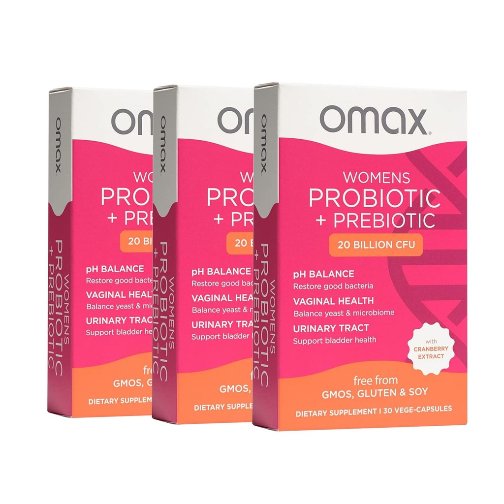 Omax3 Womens Probiotic + Prebiotic, Cranberry & Chicory Root, 20 Billion CFU, 6 Klinisch bewährte Strains, Vaginal pH, UTI, Bloating, (Verpackung Mai Vary) | 90 Vege Capsule (3 Boxen)