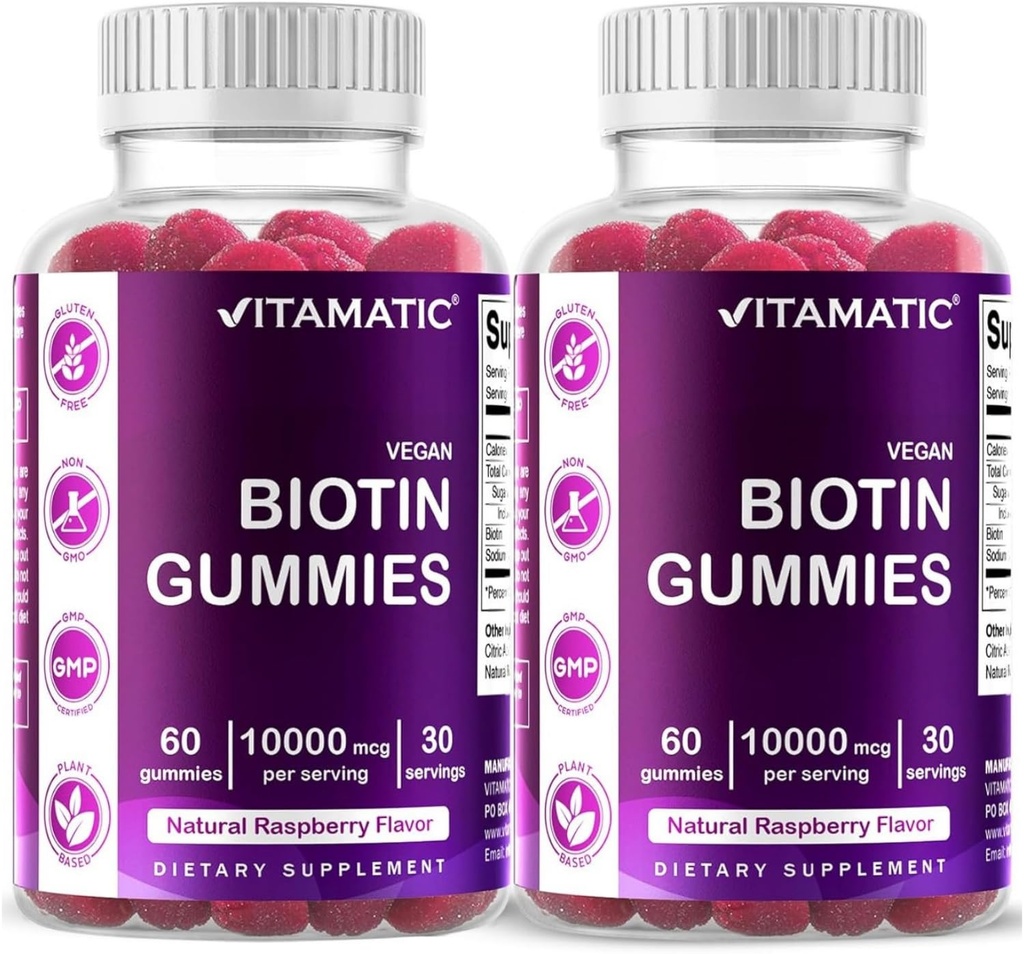 Vitamatic Biotin Gummies 10.000 mcg für härtere Haare, Haut und Nägel - 60 Vegan Gummis - Auch genannt Vitamin B7 (2 Flaschen)