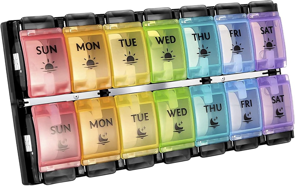 FGcase AM PM Weekly 7 Day Pill Organizer, Große tägliche Pillen-Kasten mit einfachem Push-Knopf, Pill Reminder-Container für Medizin, Vitamin, Pillen, Fischöl und Ergänzung