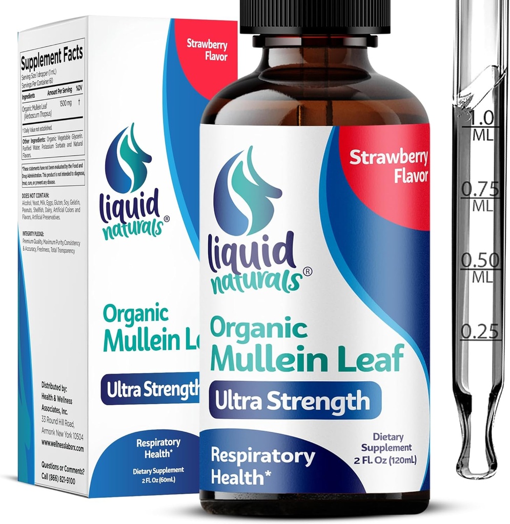 Mullein Tropfen für Lunge, 2 Fl. Oz, Mullein Blatt Extrakt für Lunge Erdbeeren Geschmack, Mullien Lung Detox und Cleanse, Mullen Tincture Unterstützung für gesunde Atmung