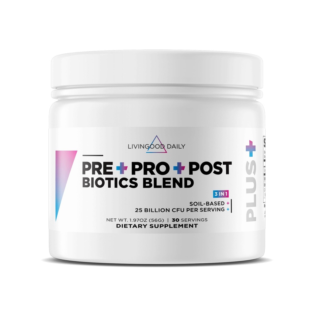 Livingood Daily Pre Pro Post Biotics Blend Powder, Digestive Health Supplement mit Präbiotika aus Bio Blue Agave Inulin, SBO Probiotics, Probiotics für Frauen und Männer, Non GMO, Vegan, 30 Portionen